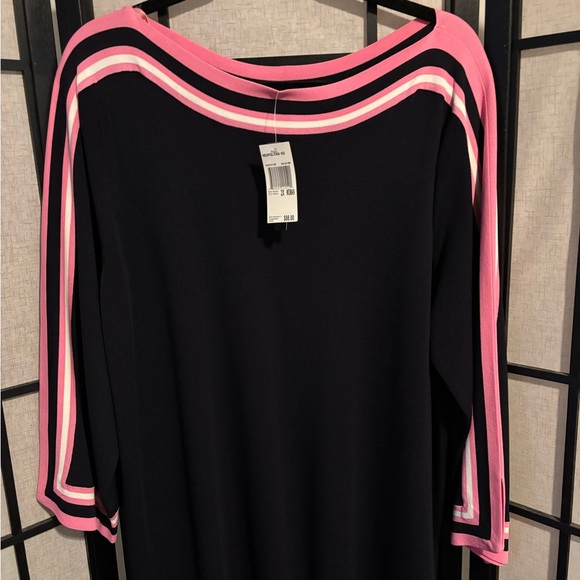 Tops - Grace Dane Lewis Navy Blue with Pink and White Stripes Quarter Length Sleeve Top